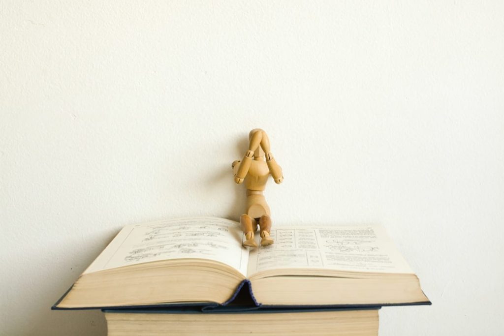 A picture of a wooden mannequin on an open book.