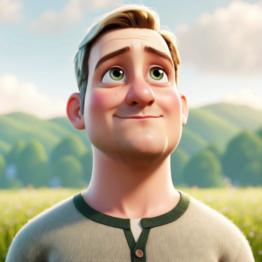 A digital illustration of a young man with short blond hair and green eyes, gazing upwards with a peaceful, content expression.He is wearing a light green shirt with a dark green collar and buttons. The background showcases a bright, picturesque landscape with rolling green hills, scattered trees, and a soft blue sky with fluffy clouds. The overall atmosphere is warm and serene, evoking a feeling of happiness and tranquility.