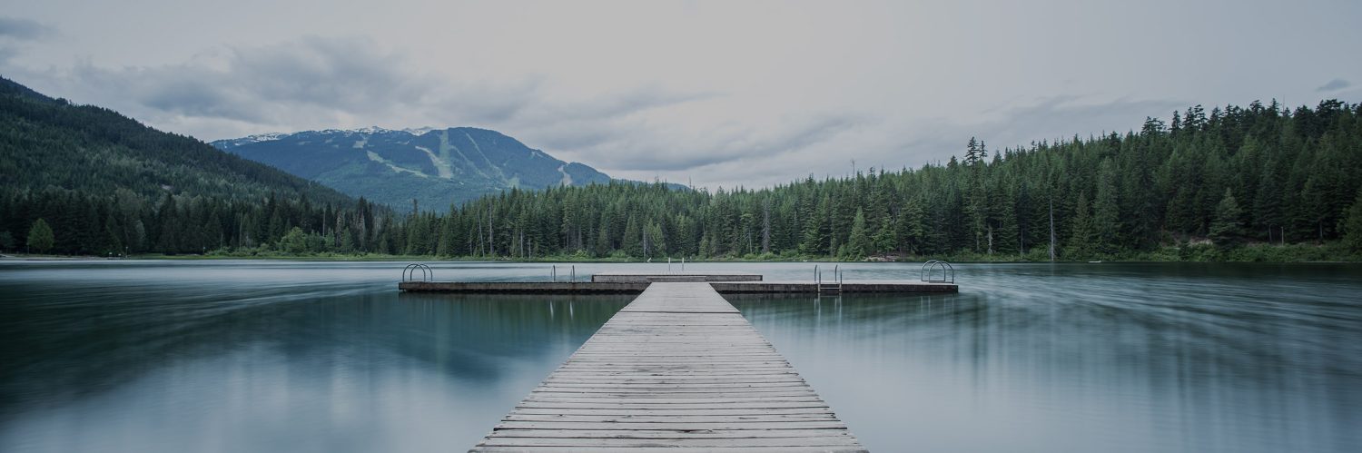 A wide wooden dock extends into a calm, reflective lake, leading to a square floating platform with ladders on each side. Dense evergreen trees line the far shore, with tall forested mountains rising in the background. The sky is overcast, casting a soft, bluish-grey tone over the peaceful, natural landscape.